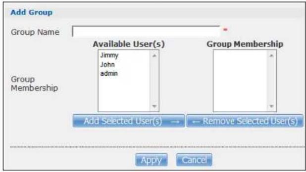Add Group Group Name Available User(s) Jimmy John admin Group Membership Add Selected User(s) → ← Remove Selected User(s) Apply Cancel