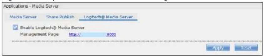 Applications - Media Server Media Server Share Publish Logtech® Media Server Enable Logtech® Media Server Management Page http:// 9000 Apply Reset