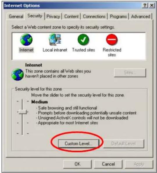 Internet Options General Security Privacy Content Connections Programs Advanced Select a Web content zone to specify its security settings. Internet Local intranet Trusted sites Restricted sites Internet This zone contains all Web sites you haven't placed in other zones Sites... Security level for this zone Move the slider to set the security level for this zone. Medium - Safe browsing and still functional - Prompts before downloading potentially unsafe content - Unsigned ActiveX controls will not be downloaded - Appropriate for most Internet sites Custom Level... Default Level OK Cancel Apply