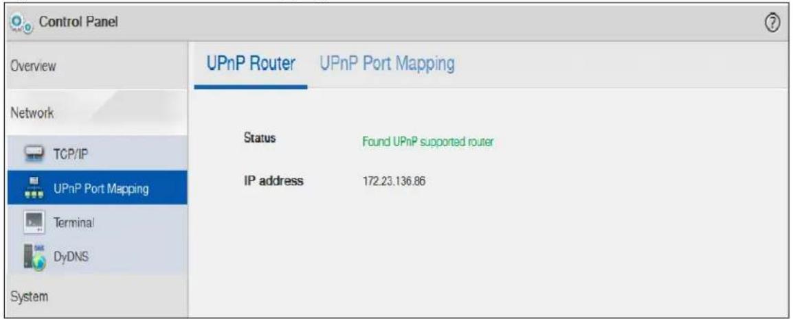 Control Panel Overview UPnP Router UPnP Port Mapping Network TCP/IP UPnP Port Mapping Terminal DyDNS System Status Found UPnP supported router IP address 172.23.136.86