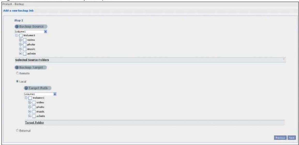 Protect - Backup Add a new backup Job Step 2 Backup Source Volume1 Volume1 video photo music admin Selected Source Folders Backup Target Remote Local Target Path Volume1 volume1 video photo music admin Target Folder External