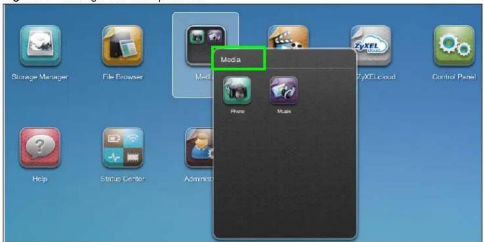 Storage Manager File Browser Media ZyxelCloud Control Panel Help Status Center Administ Media Photo Music