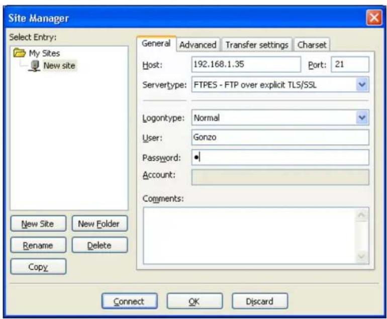 Site Manager Select Entry: My Sites New site New Site New Folder Rename Delete Copy General Advanced Transfer settings Charset Host: 192.168.1.35 Port: 21 Servertype: FTPES - FTP over explicit TLS/SSL Logontype: Normal User: Gonzo Password: Account: Comments: Connect OK Discard