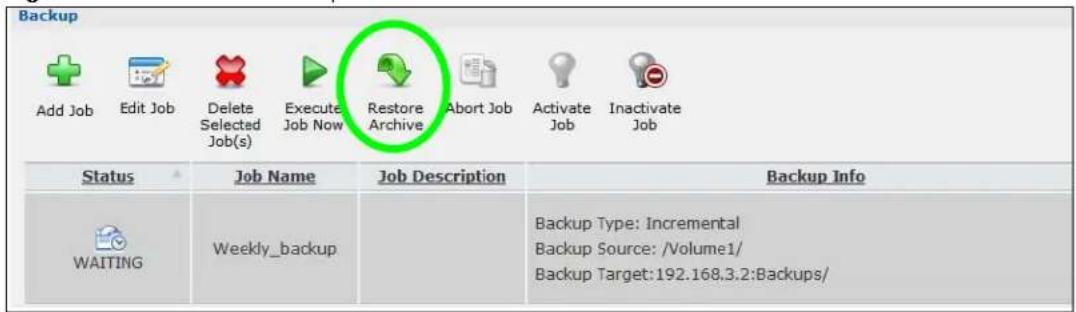 Backup Add Job Edit Job Delete Selected Job(s) Execute Job Now Restore Archive Abort Job Activate Job Inactivate Job Status Job Name Job Description Backup Info WAITING Weekly_backup Backup Type: Incremental Backup Source: /Volume1/ Backup Target: 192.168.3.2:Backups/