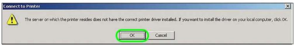 Connect to Printer The server on which the printer resides does not have the correct printer driver installed. If you want to install the driver on your local computer, click OK. OK Cancel