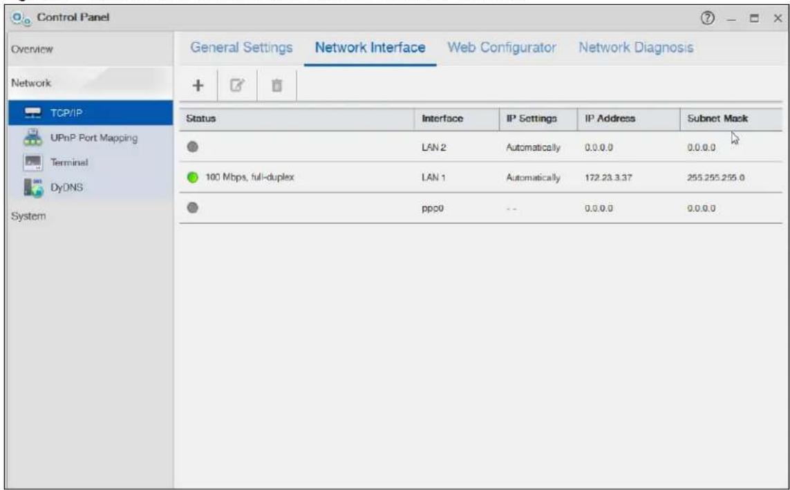 Control Panel Overview Network + Network Interface Web Configurator Network Diagnosis TCP/IP UPnP Port Mapping Terminal DyDNS System Status Interface IP Settings IP Address Subnet Mask ● LAN 2 Automatically 0.0.0.0 0.0.0.0 ● 100 Mbps, full-duplex LAN 1 Automatically 172.23.3.37 255.255.255.0 ● ppp0 -- 0.0.0.0 0.0.0.0