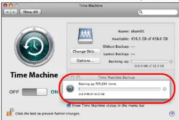Time Machine Show All Name: share01 Available: 456.5 GB of 458.0 GB Oldest Backup: -- Latest Backup: -- Options... Backing up: 218.9 MB of 18.2 GB Time Machine Backup Backing up 725,691 items 218.9 MB of 18.21 GB Show Time Machine status in the menu bar Click the lock to prevent further changes.