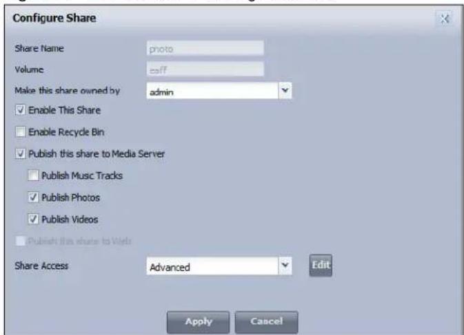 Configure Share Share Name photo Volume: caff Make this share owned by admin Enable This Share Enable Recycle Bin Publish this share to Media Server Publish Music Tracks Publish Photos Publish Videos Publish this share to Vets Share Access Advanced Edit Apply Cancel