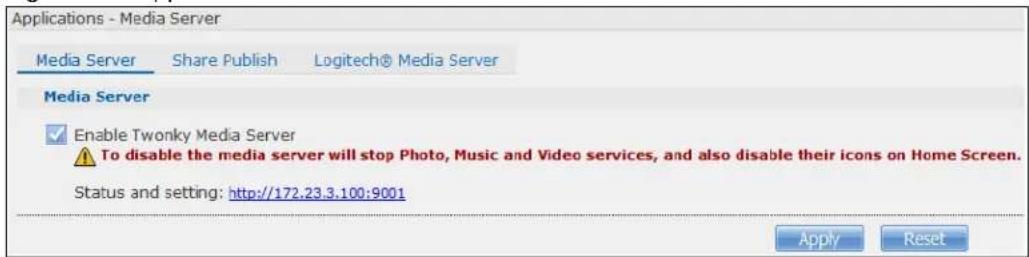 Applications - Media Server Media Server Share Publish Logitech® Media Server Media Server Enable Twonky Media Server To disable the media server will stop Photo, Music and Video services, and also disable their icons on Home Screen. Status and setting: http://172.23.3.100:9001 Apply Reset
