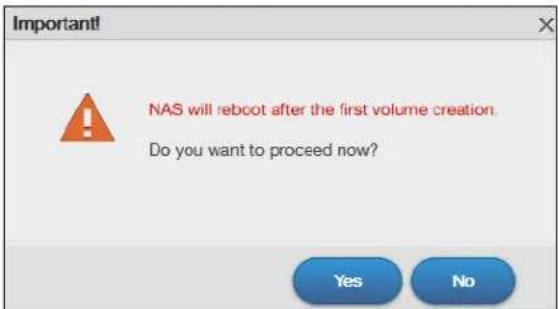 Important! NAS will reboot after the first volume creation. Do you want to proceed now? Yes No