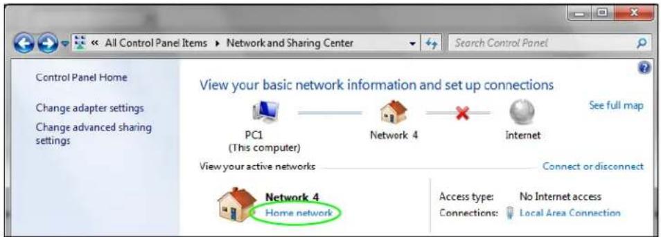 All Control Panel Items ▶ Network and Sharing Center Search Control Panel Control Panel Home Change adapter settings Change advanced sharing settings View your basic network information and set up connections PC1 (This computer) Network 4 View your active networks Connect or disconnect Access type: No Internet access Connections: Local Area Connection Network 4 Home network