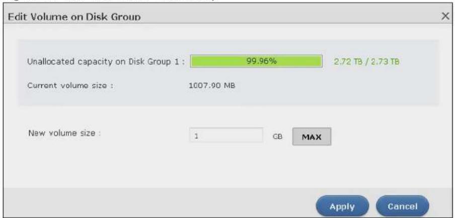 Edit Volume on Disk Group Unallocated capacity on Disk Group 1 : 99.96% 2.72 TB / 2.73 TB Current volume size : 1007.90 MB New volume size : 1 GB MAX Apply Cancel