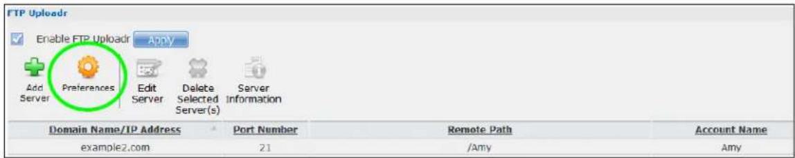 FTP Uploadr Enable FTP Uploadr Apply Add Server Preferences Edit Server Delete Selected Server(s) Server Information Domain Name/IP Address Port Number Remote Path Account Name example2.com 21 /Amy Amy