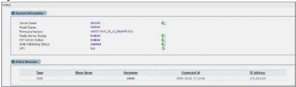 Status System Information Server Name NA3540 Model Name NA3540 Firmware Version V2015-10-01_05_12_08(AATB.0)kt Media Server Status Enabled FTP Server Status Enabled Web Publishing Status Disabled UPS N/A Active Sessions Type Share Name Username Connected AI IP Address Web admin 2015-10-02 17:15:41 172-23.3.33