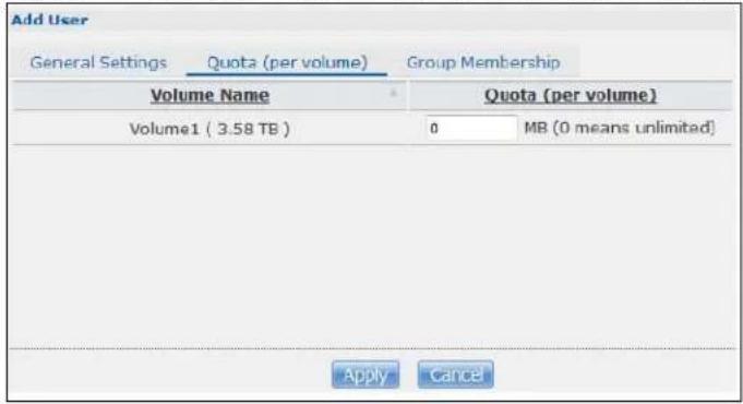 Add User General Settings Quota (per volume) Group Membership Volume Name Quota (per volume) Volume1 ( 3.58 TB ) 0 MB (0 means unlimited) Apply Cancel