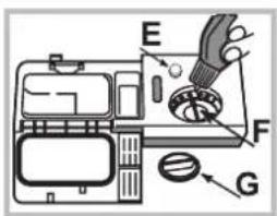 Diagram of a refrigerator interior with labeled parts E, F, G and a tool inserted into the refrigerator.