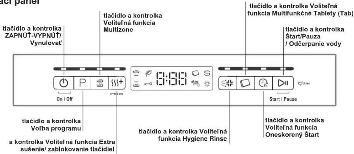 tlačidlo a kontrolka ZAPNÚŤ-VYPNÚŤ/Vynulovat' tlačidlo a kontrolka Voliteľná funkcia Multizone tlačidlo a kontrolka Voliteľná funkcia Multifunkčné Tablety (Tab) tlačidlo a kontrolka Štart/Pauza / Odčerpanie vody Start | Pause tlačidlo a kontrolka Volíba programu a kontrolka Voliteľná funkcia Extra sušenie/ zablokovanie tlačidiel tlačidlo a kontrolka Voliteľná funkcia Hygiene Rinse tlačidlo a kontrolka Voliteľná funkcia Oneskorený Štart