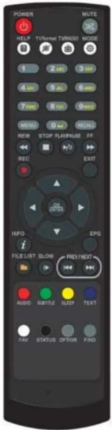 POWER HELP TVFormat TVRADIO MODE 1 2 ABC 3 CAP 4 ON 5 AC 6 WD 7 PPG 8 PV 9 WD MENI 0 RECALL NEW STOP PLAY/MAKE FF REC EXIT INFO EPG i FILELIST SLOW PREV/NEXT AUDIO SUBTITLE SLEEP TEXT FAV STATUS OPTION FIND