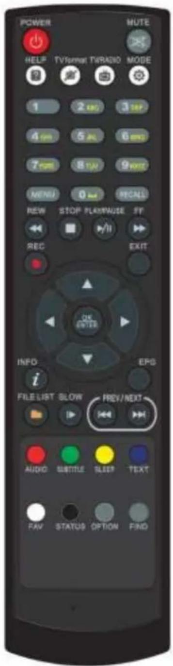 POWER HELP TV/Signal TW/RADIO MODE 1 2 REP 3 REP 4 PM 5 AL 6 Mbps 7 PM 8 TUN 9 RATE MENI 0 -1 MENS NEW STOP PLAY/WAUSE FF REC /II EXIT OK EXIT INFO i FILE LIST SLOW PREV/NEXT AUDIO SIBRILE SLEEP TEXT FAV STATUS OPTION FIND