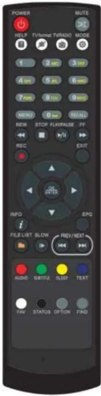 POWER HELP TV/Radio TV/RADIO MODE 1 2 3 4 5 6 7 RGB 8 HW 9 HWG MENI D RECALL NEW STOP PLAY/NUSE FT REC EXIT INFO EPG i FILE LIST SLOW PREV/NEXT AUDIO SUBTITLE SLEEP TEXT FAV STATUS OPTION FIND