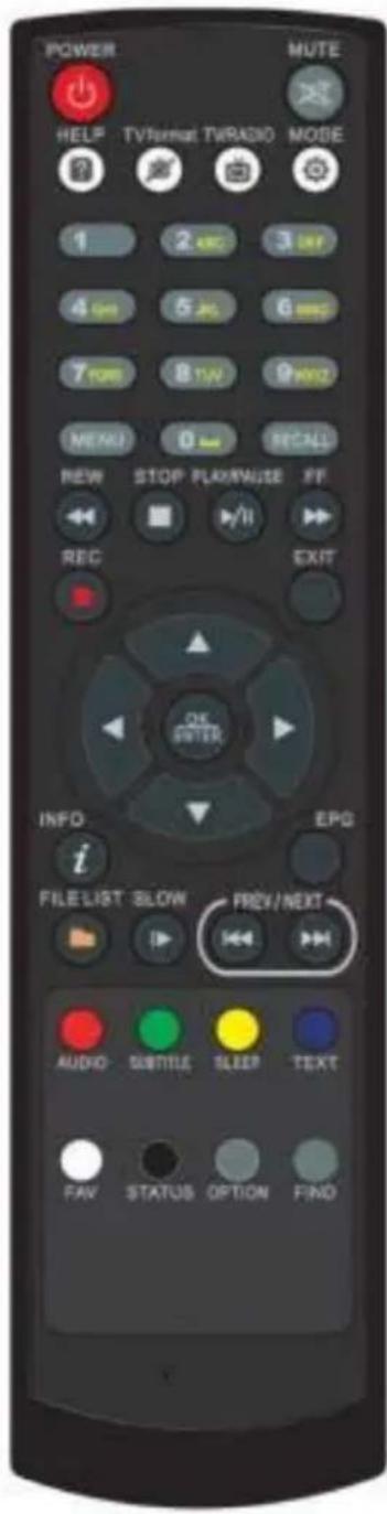 POWER HELP TV/RAM TV/RADIO MODE 1 2 ABC 3 OK 4 GM 5 GS 6 WMG 7 FWR 8 T/W 9 WMG MENU 0 RECALL NEW STOP FLASH/NUZE FF REC EXIT OK SWITCH INFO EPG i FILELIST SLOW PREV/NEXT AUDIO SUBTITLE SLEEP TEXT FAV STATUS OPTION FIND