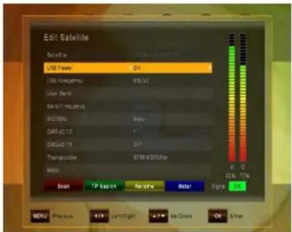 Edit Satellite Satellite LNB Power On LSR Frequency 610/00 Clean Bank Sag- producing 8x20Hz Auto CAByc 1.0 Dilscyc 1.1 DV Transcended 9738-8100V/Hz Motor Scan IP Select Return Motor Signal OK MENU Phoenix Left/Right Forward NM/Down OK Enter
