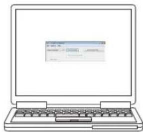 Line drawing of a laptop with a simple dialog box showing text and code editor