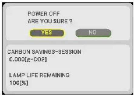 POWER OFF ARE YOU SURE ? YES NO CARBON SAVINGS-SESSION 0.000[g-CO2] LAMP LIFE REMAINING 100[%]