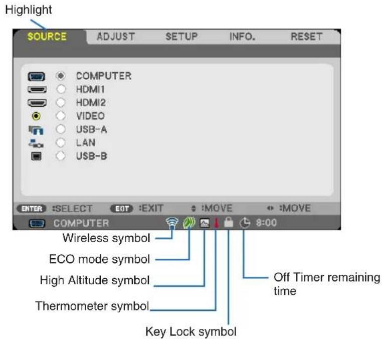 Highlight SOURCE ADJUST SETUP NFO. RESET COMPUTER HDMI1 HDMI2 VIDEO USB-A LAN USB-B ENTER SELECT EOT EXIT :MOVE :MOVE COMPUTER 8:00 Wireless symbol ECO mode symbol High Altitude symbol Thermometer symbol Off Timer remaining time Key Lock symbol