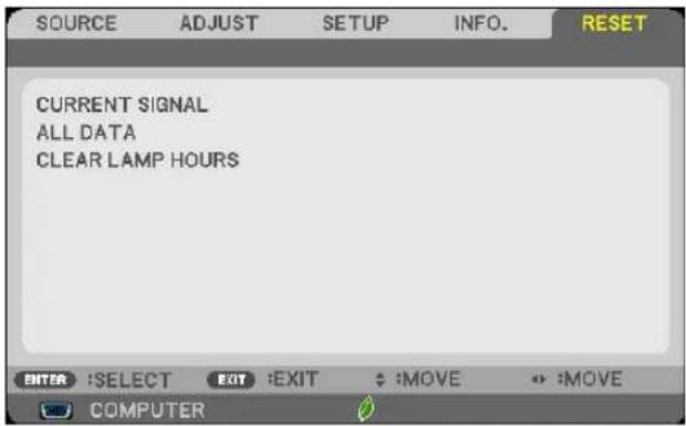SOURCE ADJUST SETUP INFO. RESET CURRENT SIGNAL ALL DATA CLEAR LAMP HOURS ENTER :SELECT EXIT :EXIT :MOVE :MOVE COMPUTER