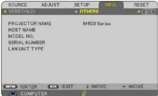SOURCE ADJUST SETUP INFO. RESET VERSION(2) OTHERS 4/4 PROJECTOR NAME HOST NAME MODEL NO. SERIAL NUMBER LAN UNIT TYPE M403 Series ENTER :ENTER EXIT :EXIT : :MOVE : :MOVE COMPUTER