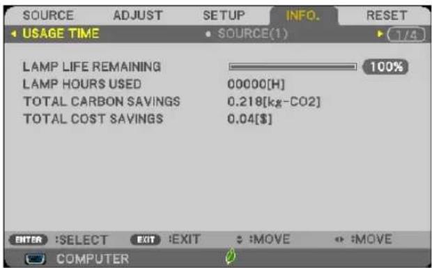 SOURCE ADJUST SETUP INFO. RESET USAGE TIME SOURCE(1) 1/4 LAMP LIFE REMAINING 100% LAMP HOURS USED 00000[H] TOTAL CARBON SAVINGS 0.218[k#-CO2] TOTAL COST SAVINGS 0.04[$] ENTER :SELECT EXIT :EXIT : :MOVE : :MOVE COMPUTER
