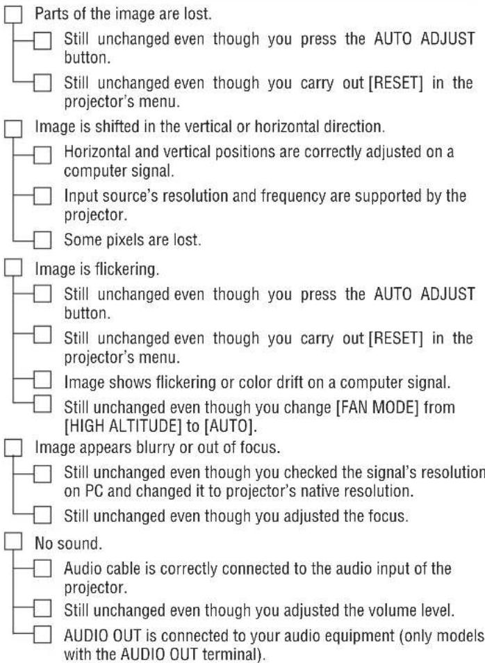 Parts of the image are lost. Still unchanged even though you press the AUTO ADJUST button. Still unchanged even though you carry out [RESET] in the projector's menu. Image is shifted in the vertical or horizontal direction. Horizontal and vertical positions are correctly adjusted on a computer signal. Input source's resolution and frequency are supported by the projector. Some pixels are lost. Image is flickering. Still unchanged even though you press the AUTO ADJUST button. Still unchanged even though you carry out [RESET] in the projector's menu. Image shows flickering or color drift on a computer signal. Still unchanged even though you change [FAN MODE] from [HIGH ALTITUDE] to [AUTO]. Image appears blurry or out of focus. Still unchanged even though you checked the signal's resolution on PC and changed it to projector's native resolution. Still unchanged even though you adjusted the focus. No sound. Audio cable is correctly connected to the audio input of the projector. Still unchanged even though you adjusted the volume level. AUDIO OUT is connected to your audio equipment (only models with the AUDIO OUT terminal).