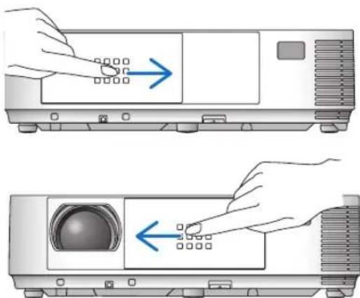 Diagram showing two steps of a projector screen with control buttons and display, indicating left-hand rule for setting the screen.