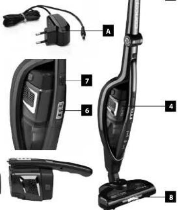 Labeled diagram of a vacuum cleaner with parts numbered 4 to 8, showing internal components and wiring.