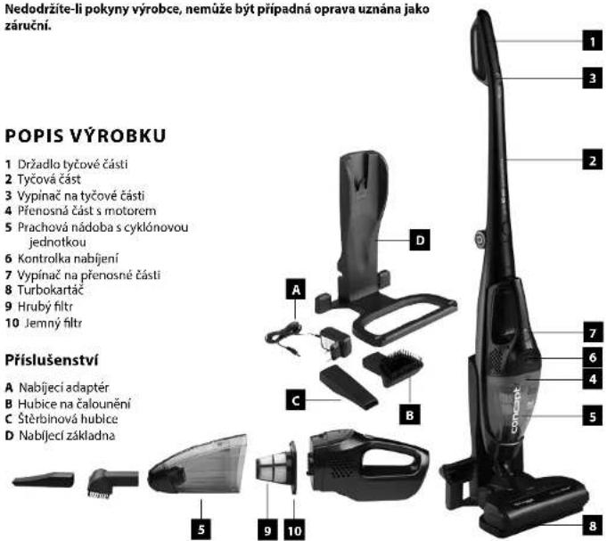 Nedodrzíte-li pokyny výrobce, nemůže být případná oprava uznána jako záruční. POPIS VÝROBKU 1 Držadlo tyčové části 2 Tyčová část 3 Vypínač na tyčové části 4 Přenosná část s motorem 5 Prachová nádoba s cyklónovou jednotkou 6 Kontrolka nabíjení 7 Vypínač na přenosné části 8 Turbokartáč 9 Hrubý filtr 10 Jemný filtr Příslušenství A Nabíjecí adaptér B Hubice na čalounění C Štěrbinová hubice D Nabíjecí základna