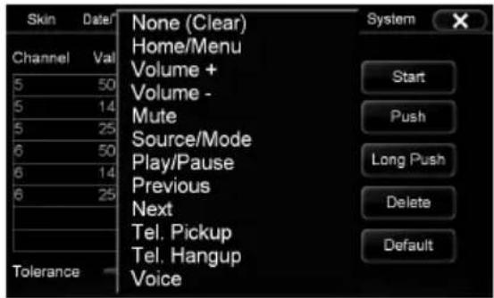 Skin Channel Val 5 50 5 14 5 25 6 50 6 14 6 25 Tolerance None (Clear) Home/Menu Volume + Volume - Mute Source/Mode Play/Pause Previous Next Tel. Pickup Tel. Hangup Voice System Start Push Long Push Delete Default