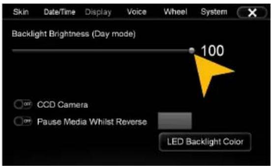 Skin Date/Time Display Voice Wheel System Backlight Brightness (Day mode) 100 CCD Camera Pause Media Whilst Reverse LED Backlight Color