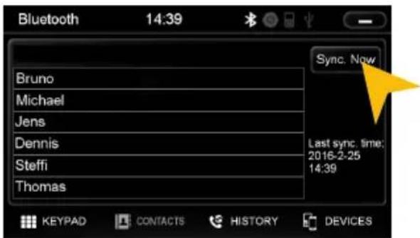 Bluetooth 14:39 Bruno Michael Jens Dennis Steffi Thomas Sync. Now Last sync. time: 2016-2-25 14:39 KEYPAD CONTACTS HISTORY DEVICES