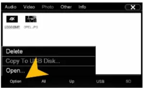 Audio Video Photo Other Info LOGO BMP OPEL.JPG Delete Copy To USB Disk... Open... Option AI Up USB SD