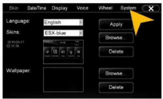 Skin Date/Time Display Voice Wheel System Language: English Skins: ESX-blue 2015-05-17 02:33:34 Wallpaper: Apply Browse... Delete Browse... Delete