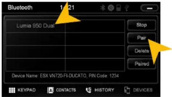 Bluetooth 1:21 Lumia 950 Dual Stop Pair Delete Paired Device Name: ESX VN720-FI-DUCATO, PIN Code: 1234 KEYPAD CONTACTS HISTORY DEVICES