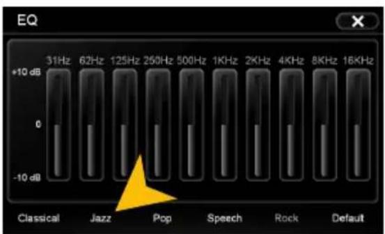 EQ +10 dB 31Hz 62Hz 125Hz 250Hz 500Hz 1KHz 2KHz 4KHz 8KHz 16KHz 0 -10 dB Classical Jazz Pop Speech Rock Default