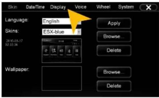 Skin Date/Time Display Voice Wheel System Language: English Skins: ESX-blue 26 05-03-17 02 03:34 Wallpaper. Apply Browse... Delete Browse... Delete