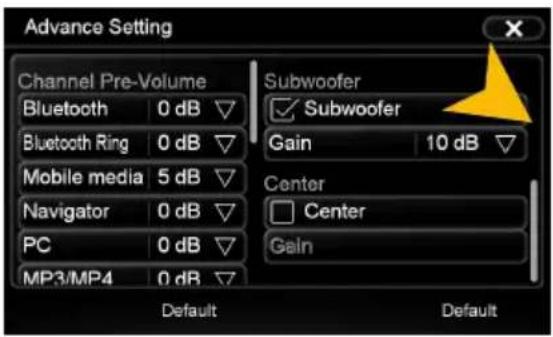 Advance Setting Channel Pre-Volume Bluetooth 0 dB Bluetooth Ring 0 dB Mobile media 5 dB Navigator 0 dB PC 0 dB MP3/MP4 0 dB Subwoofer ✓ Subwoofer Gain 10 dB Center □ Center Gain Default Default