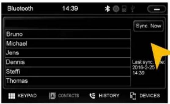Bluetooth 14:39 Bruno Michael Jens Dennis Steffi Thomas Sync: Now Last sync time: 2016-2-25 14:39 KEYPAD CONTACTS HISTORY DEVICES