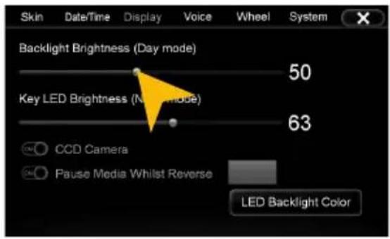 Skin Date/Time Display Voice Wheel System Backlight Brightness (Day mode) 50 Key LED Brightness (No mode) 63 CCD Camera Pause Media Whilst Reverse LED Backlight Color