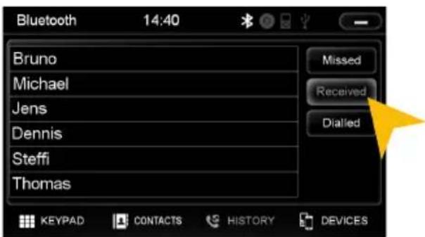 Bluetooth 14:40 Bruno Michael Jens Dennis Steffi Thomas Missed Received Dialled KEYPAD CONTACTS HISTORY DEVICES