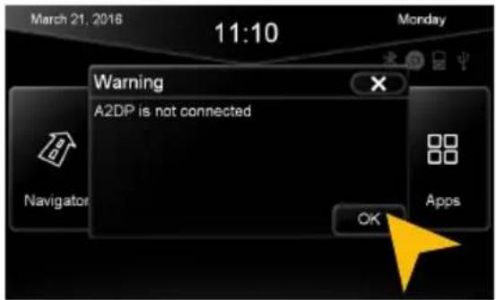 March 21, 2016 11:10 Monday Warning A2DP is not connected Navigator OK Apps