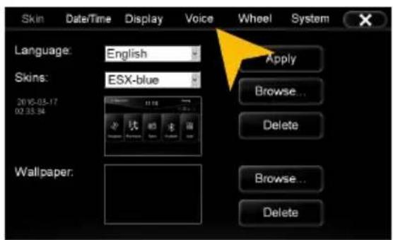 Skin Date/Time Display Voice Wheel System Language: English Skins: ESX-blue 2015-03-17 02 33:34 Apply Browse... Delete Wallpaper: Browse... Delete